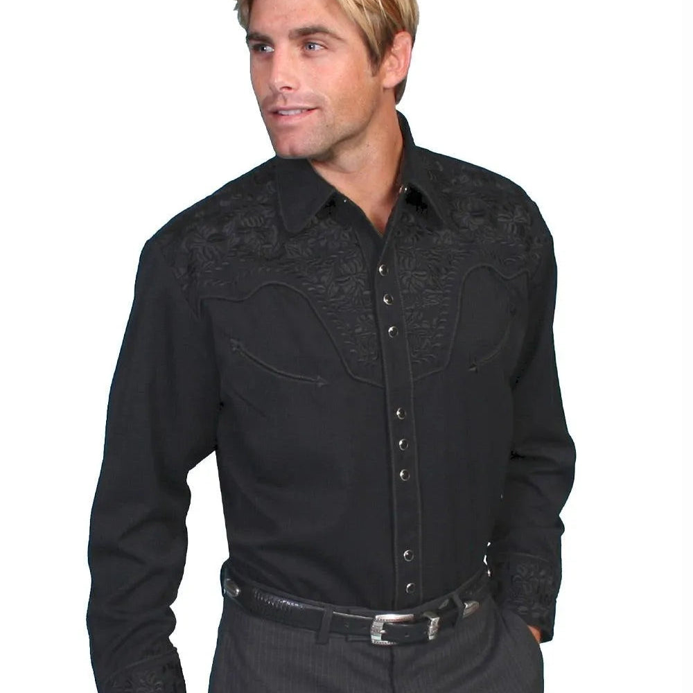 Scully Floral Tooled Embroidery - Men's Western Shirt (Jet Black) - Hatcountry