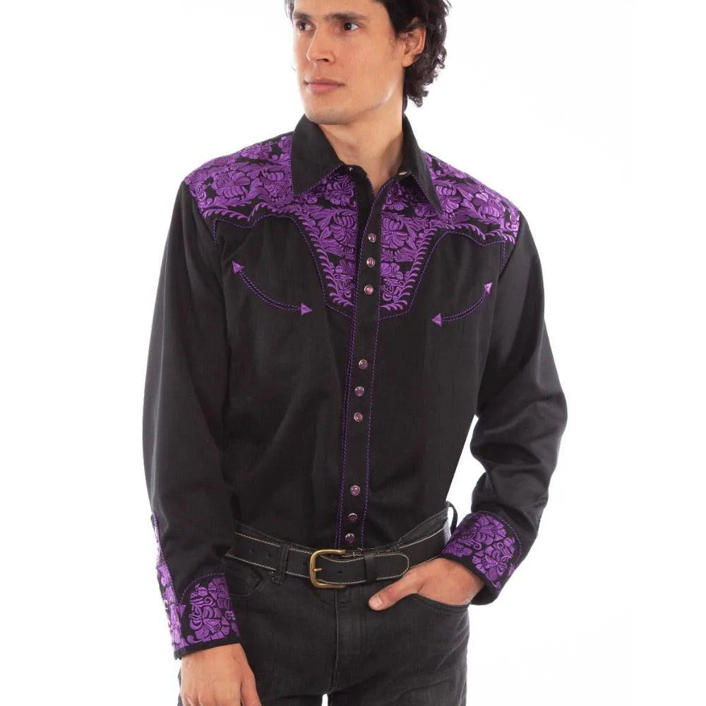 Scully Floral Tooled Embroidery - Men's Western Shirt (Purple/Black) - Hatcountry