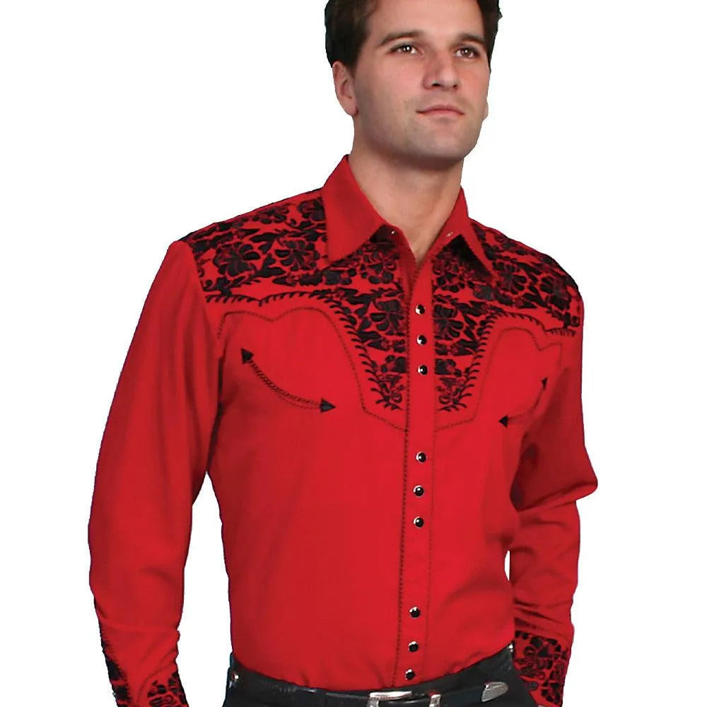 Scully Floral Tooled Embroidery - Men's Western Shirt (Red/Black) - Hatcountry