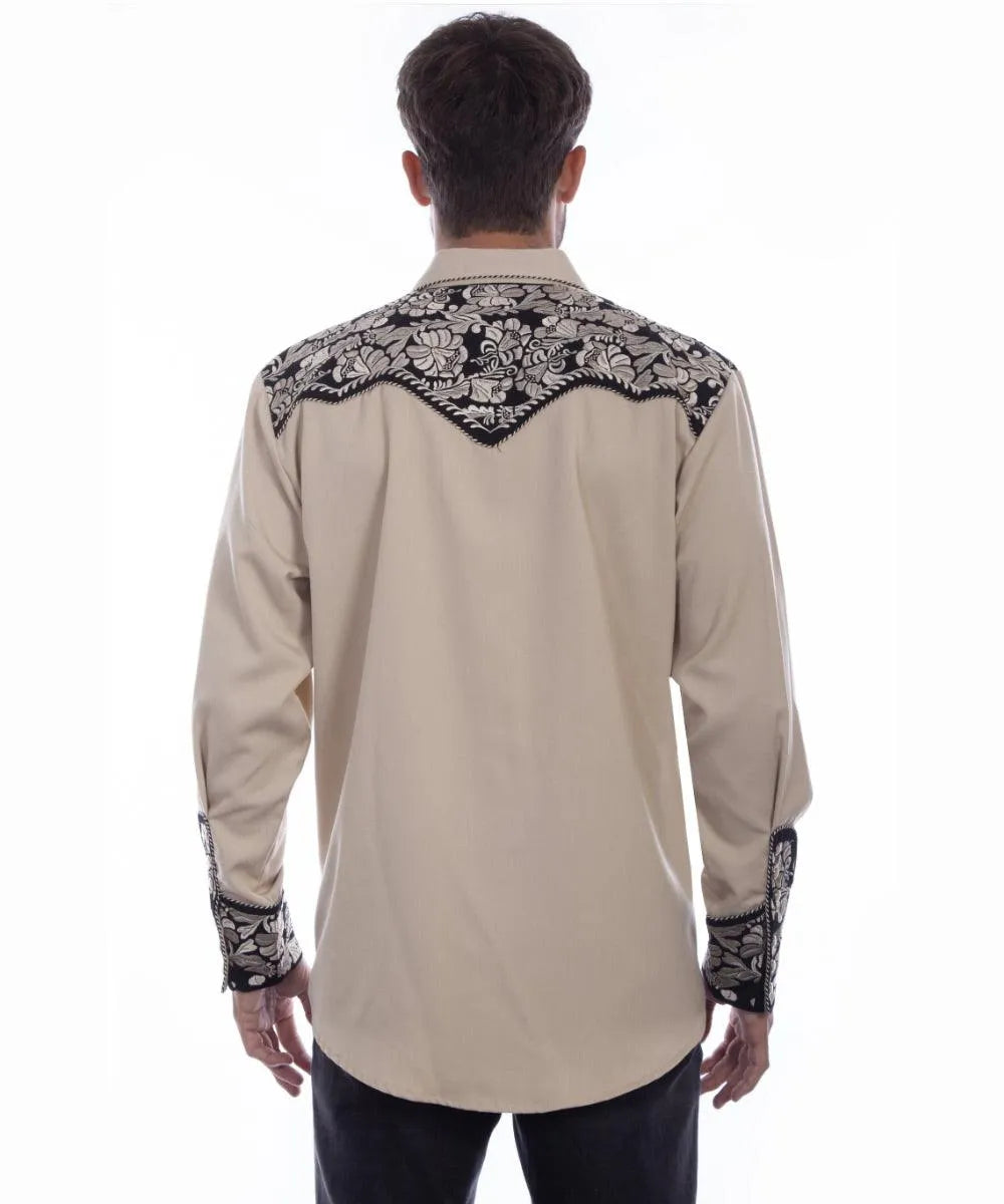 Scully Floral Tooled Embroidery - Men's Western Shirt (Tan/Black) - Hatcountry