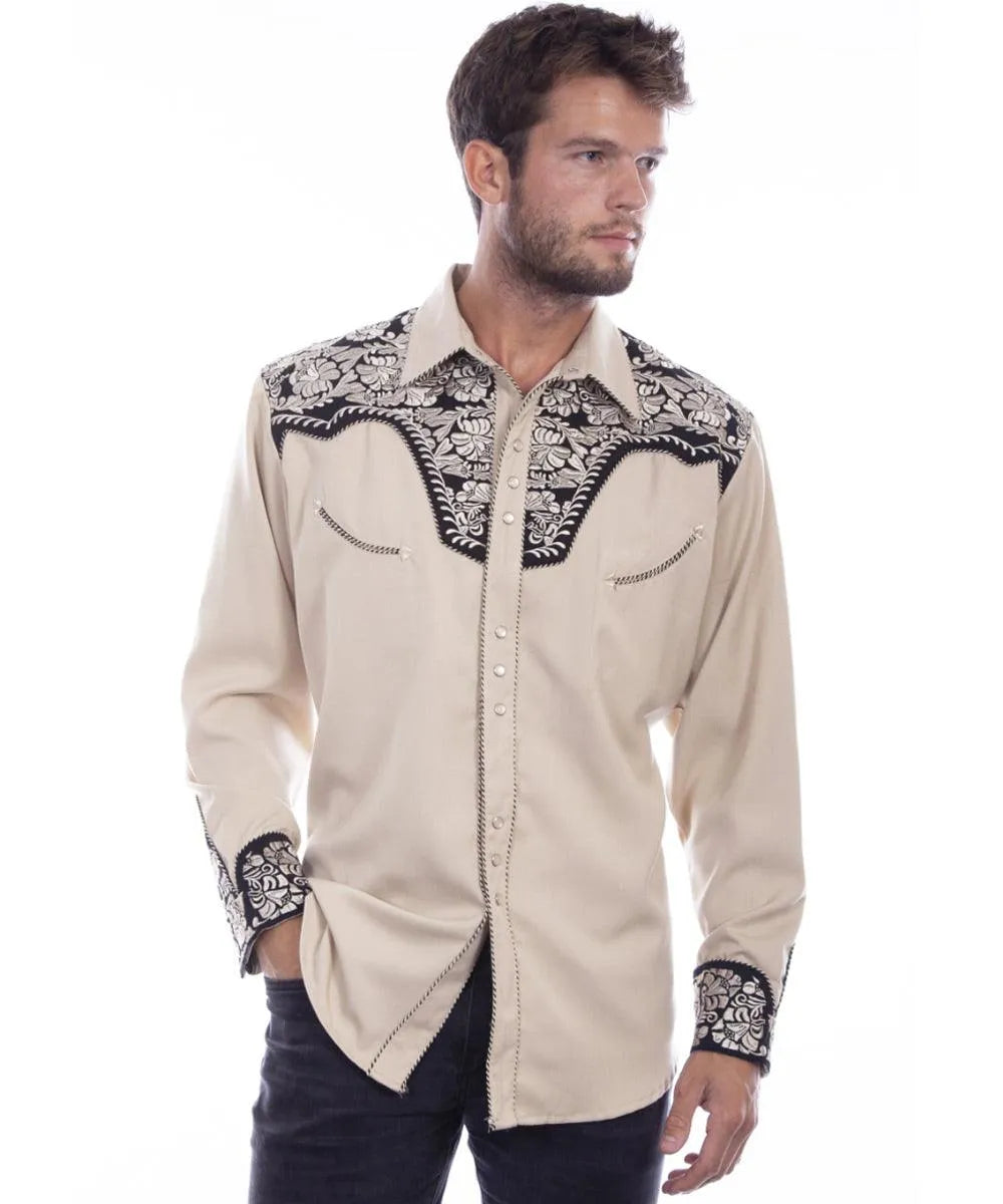 Scully Floral Tooled Embroidery - Men's Western Shirt (Tan/Black) - Hatcountry