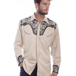 Scully Floral Tooled Embroidery - Men's Western Shirt (Tan/Black) - Hatcountry