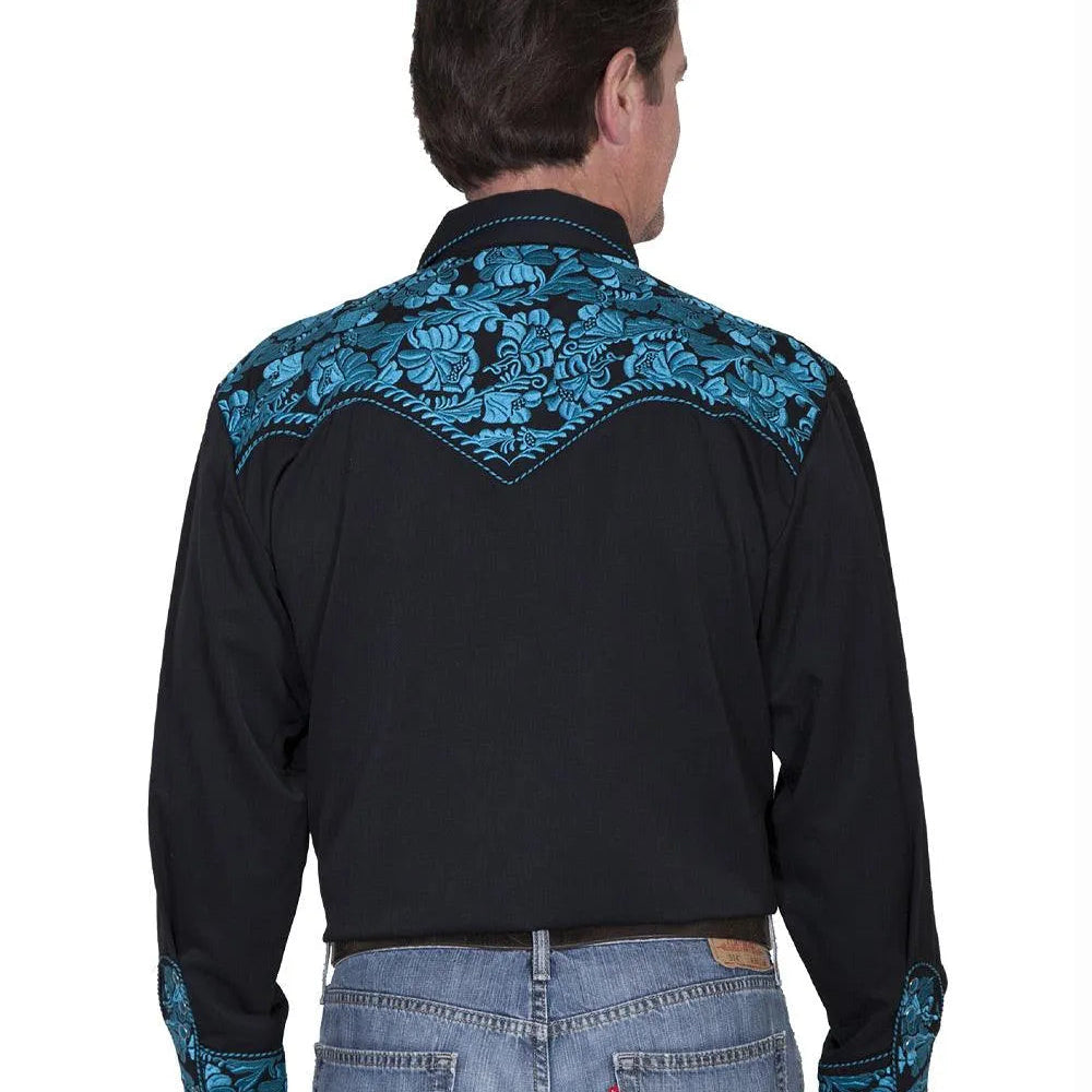Scully Floral Tooled Embroidery - Men's Western Shirt (Black/Turquoise) - Hatcountry