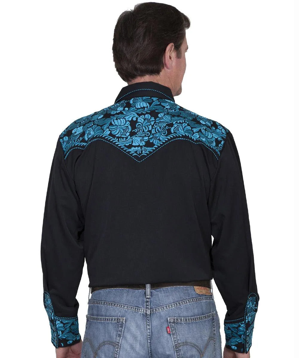 Scully Floral Tooled Embroidery - Men's Western Shirt (Black/Turquoise) - Hatcountry