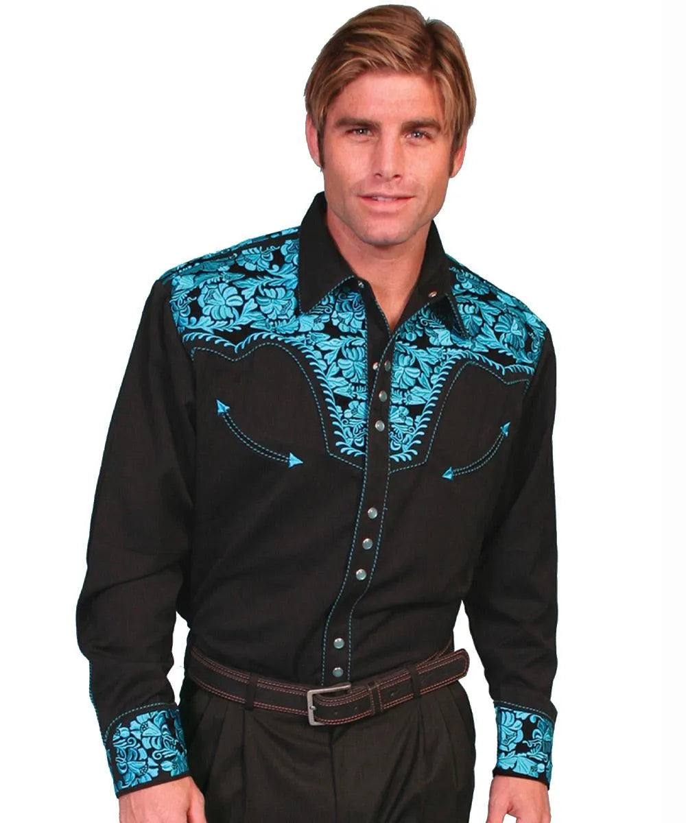 Scully Floral Tooled Embroidery - Men's Western Shirt (Black/Turquoise) - Hatcountry
