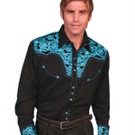 Scully Floral Tooled Embroidery - Men's Western Shirt (Black/Turquoise) - Hatcountry
